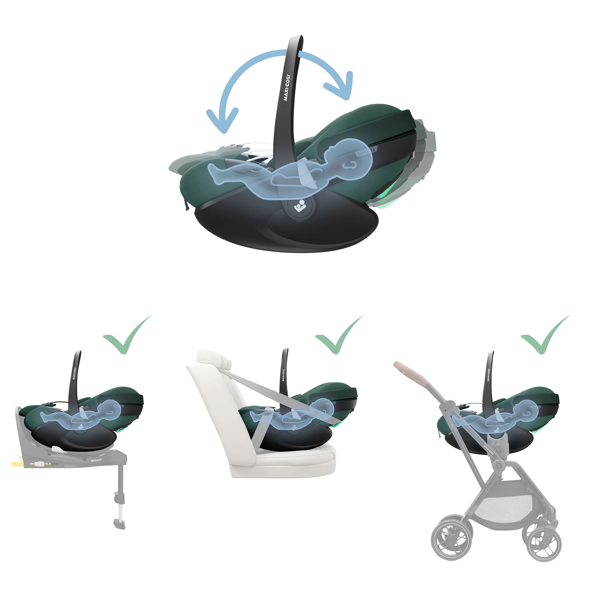 Maxi Cosi Pebble 360 Pro Car Seat, FamilyFix Pro Base & Footmuff | Essential Green