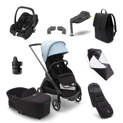 Bugaboo Dragonfly Ultimate Bundle  with Maxi-Cosi Cabriofix i-Size Car Seat - Graphite/Midnight Black with Skyline Blue