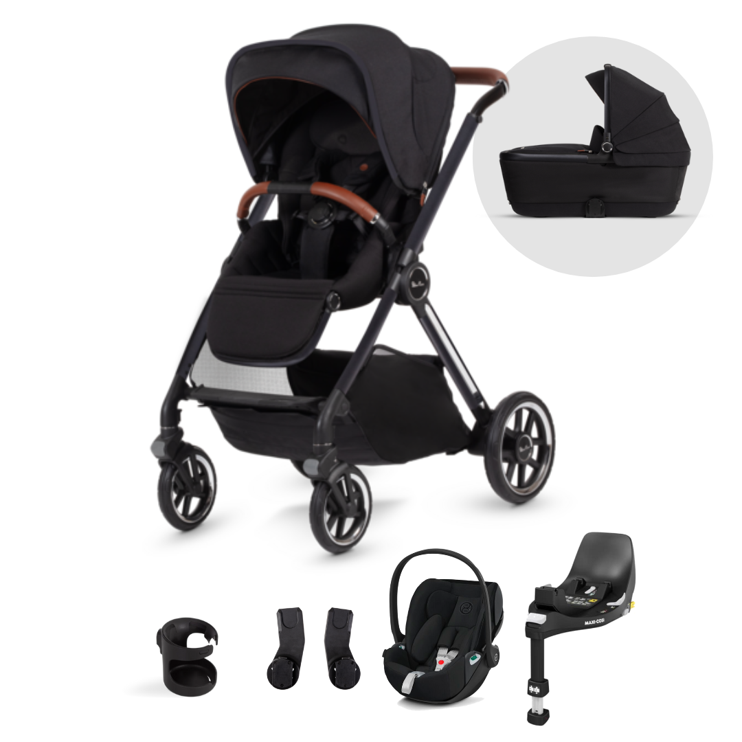 Silver Cross Reef Pushchair, First Bed Carrycot & Cybex Cloud T Travel Bundle - Orbit Black