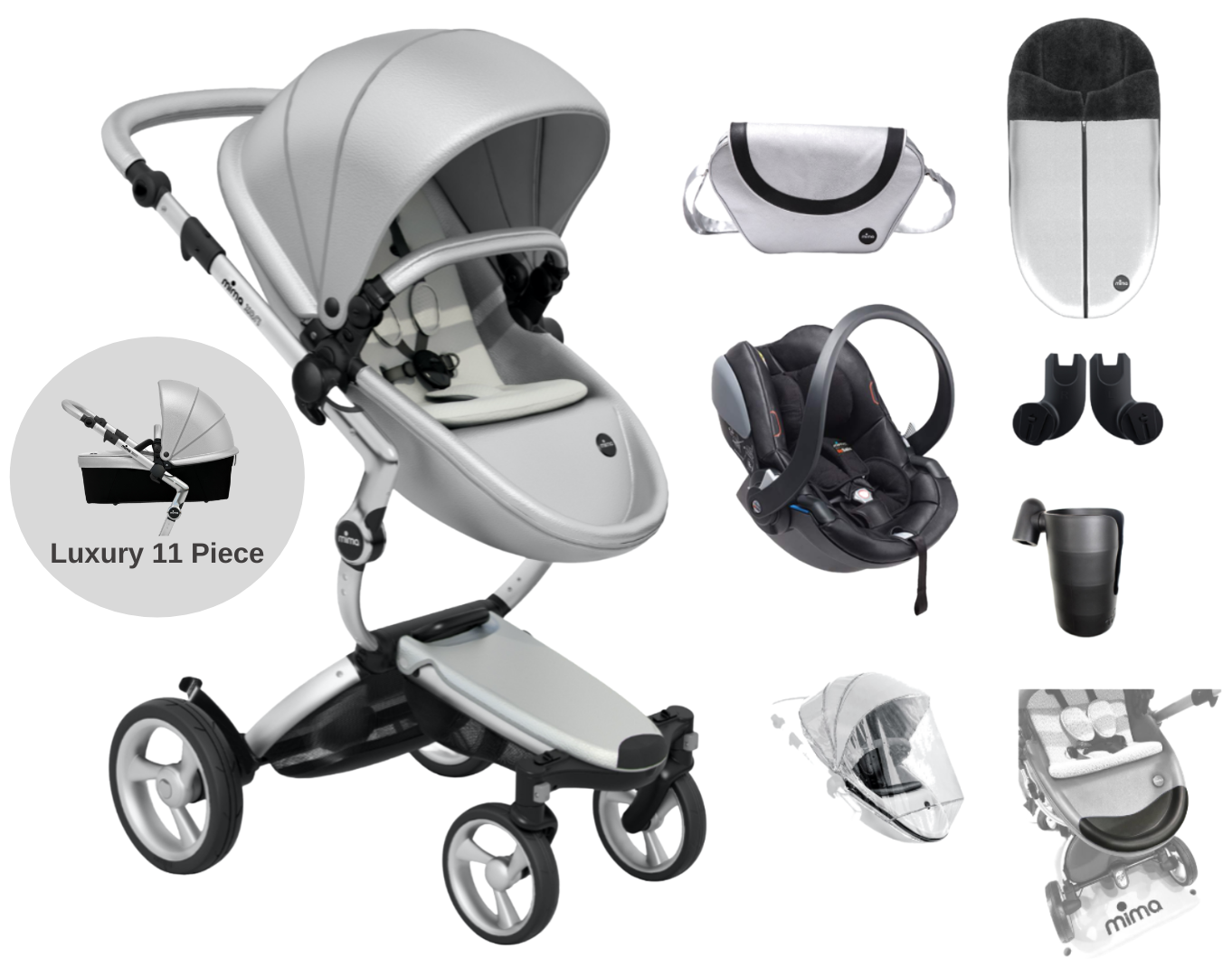 Mima Xari 11 Piece 4G Complete Travel System Argento on Aluminium